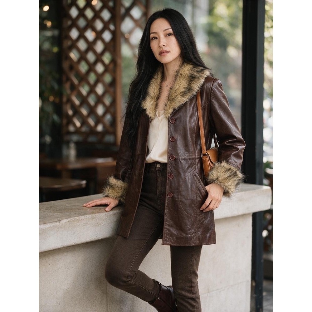Vintage Leather Penny Lane Jacket Coat Wilsons S Brown Faux Fur Trim Y2K Boho